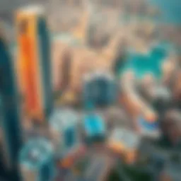 Aerial view of International City showcasing its distinctive architecture