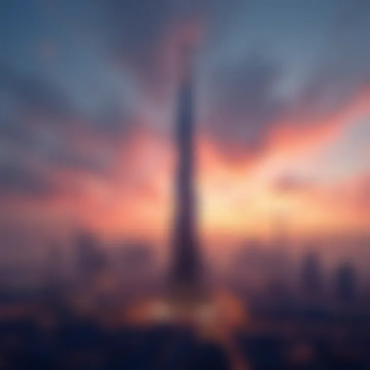 Stunning silhouette of Sahara Tower against the Dubai skyline at dusk