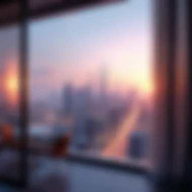 Panoramic view of the vibrant Dubai skyline from a balcony