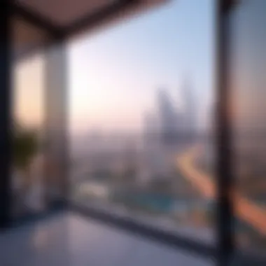 A serene balcony view overlooking the skyline of Dubai from an Al Jaddaf apartment.